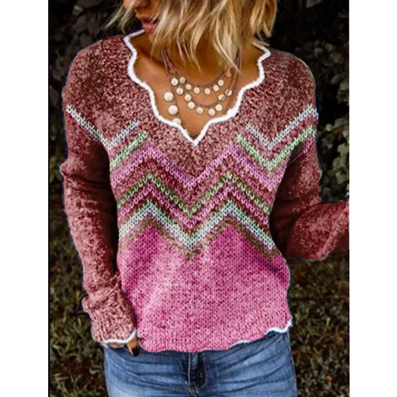 Ladies Geometric Print Long Sleeve Sweater Top