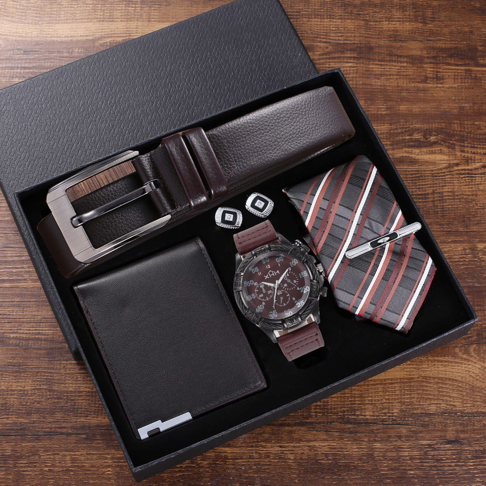 5pcs set: Belt-Wallet-Tie-Big Dial Watch-Cufflinks