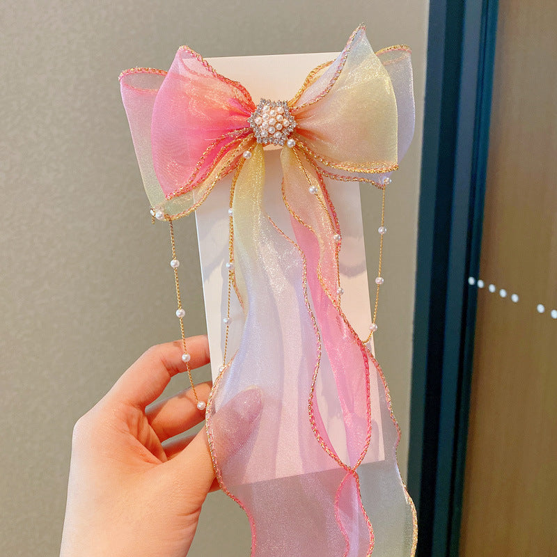 Mesh Bow Snowflake Girl Long Streamer Baby Hairpin