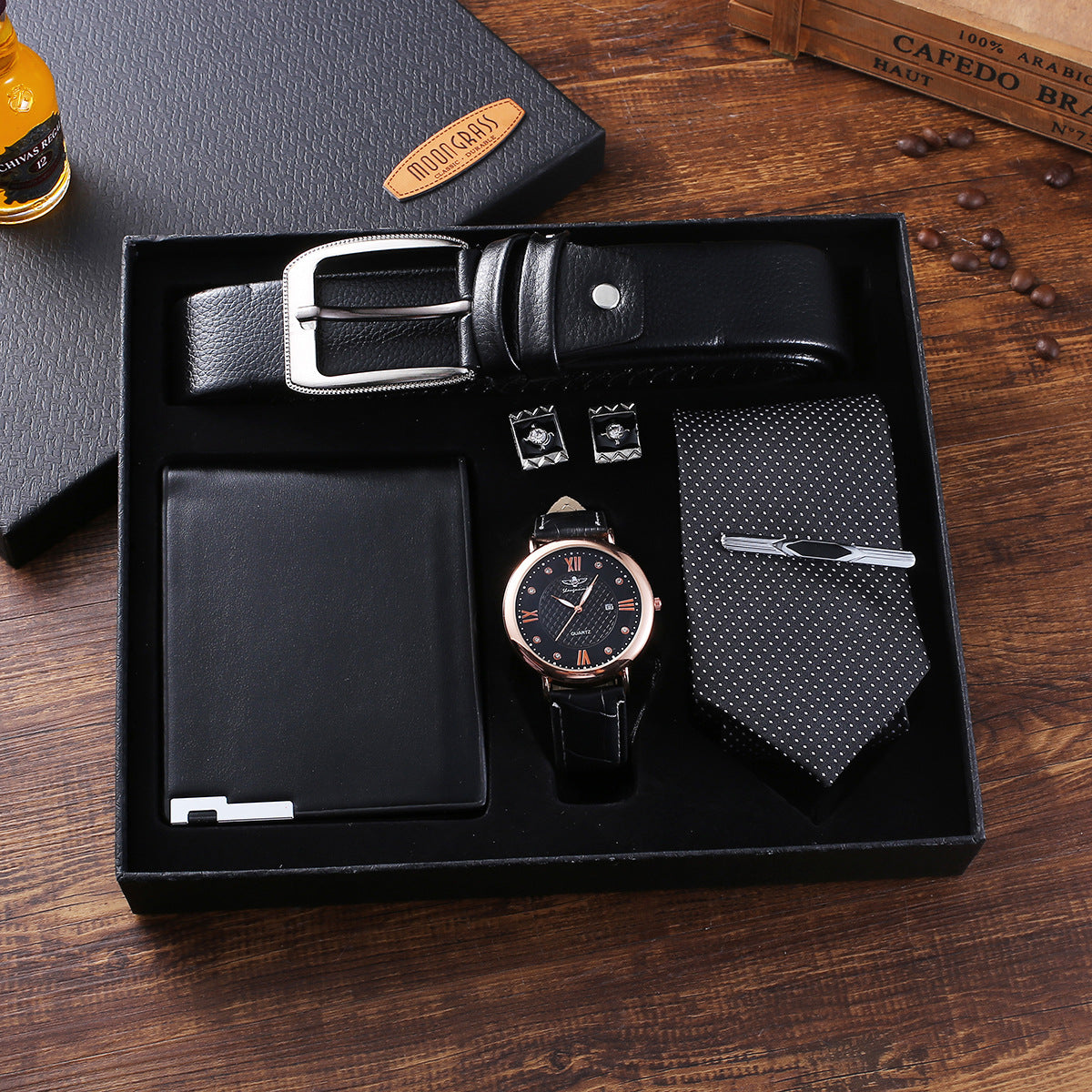 5pcs set: Belt-Wallet-Tie-Big Dial Watch-Cufflinks