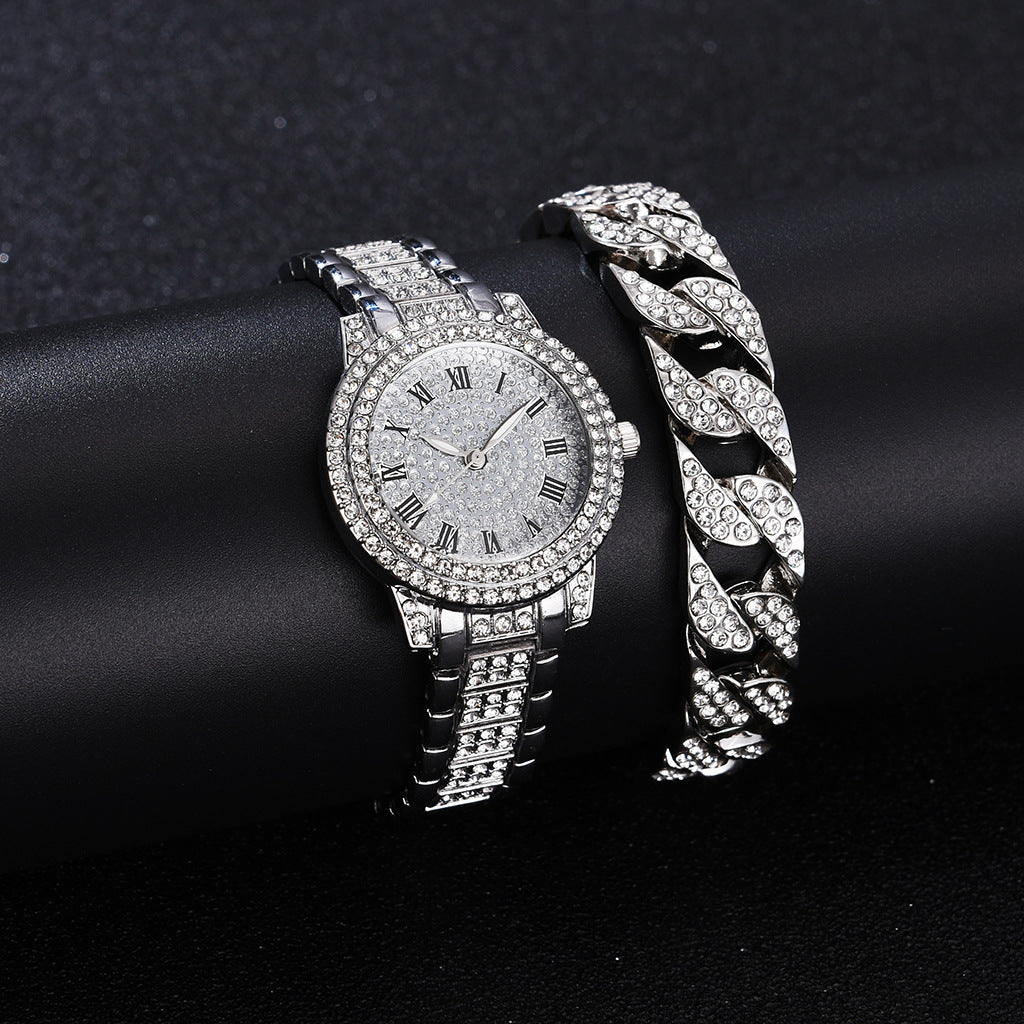 Full Diamond Roman Literal Steel Watch & Bracelet Set